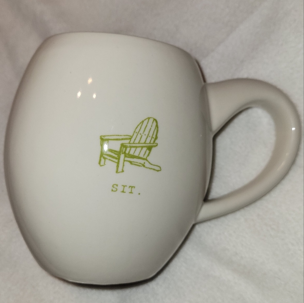 Vintage Rae Dunn Magenta M Stamp Coffee Mug Beach Lounge Chair Sit White Green